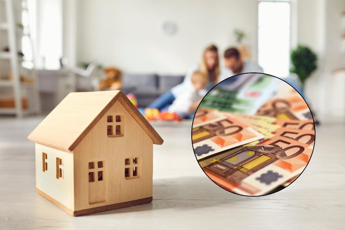 collage famiglia con una casetta di legno e soldi
